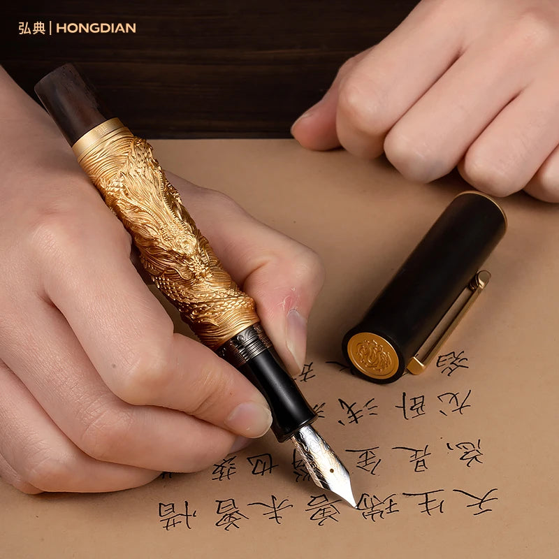LT Hongdian N24 dragon Wooden Fountain Pen Natural Handmade High-grade Mahogany Pen Writing